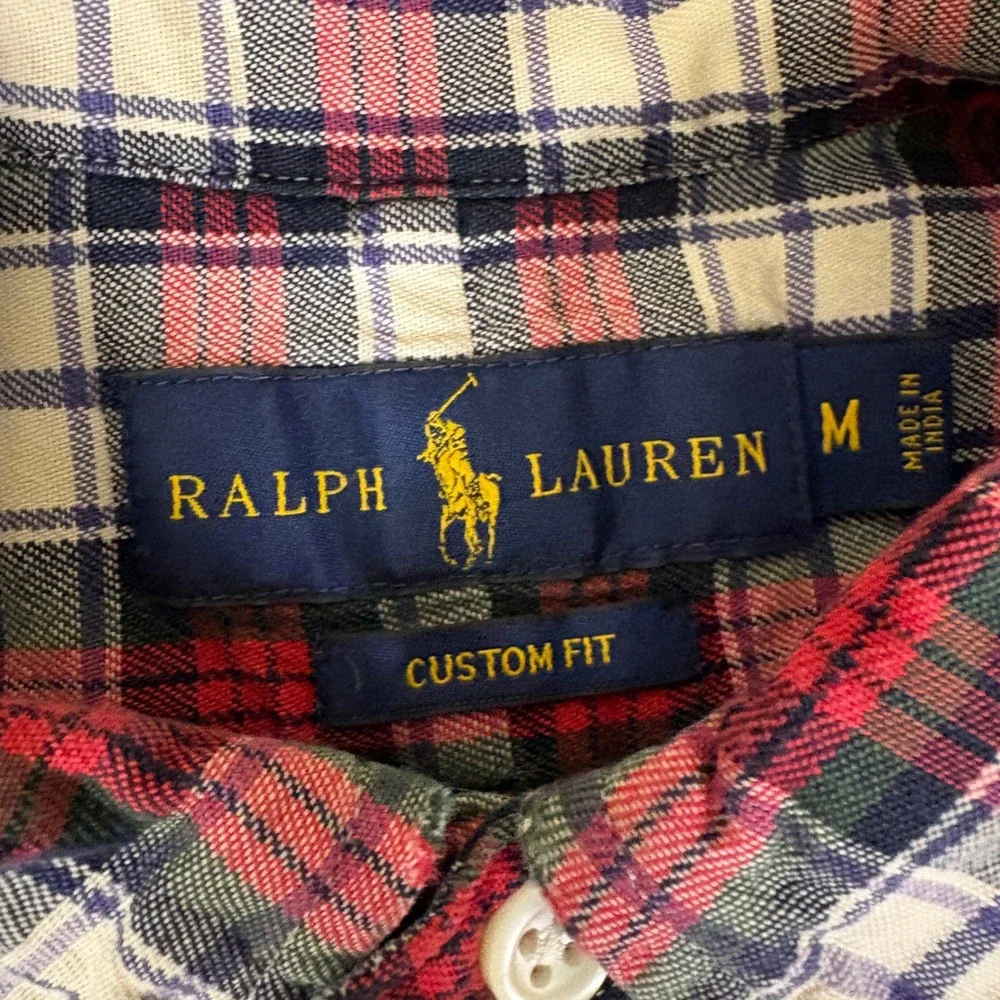 Ralph Lauren Custom Fit Plaid Button Down Shirt Mens Medium Red White Blue AR702